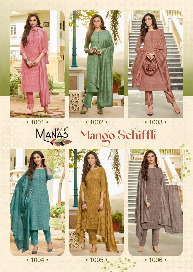 Manas Mango Schiffli Fancy Georgette Printed Ethnic Wear Ready Made Suit Collection